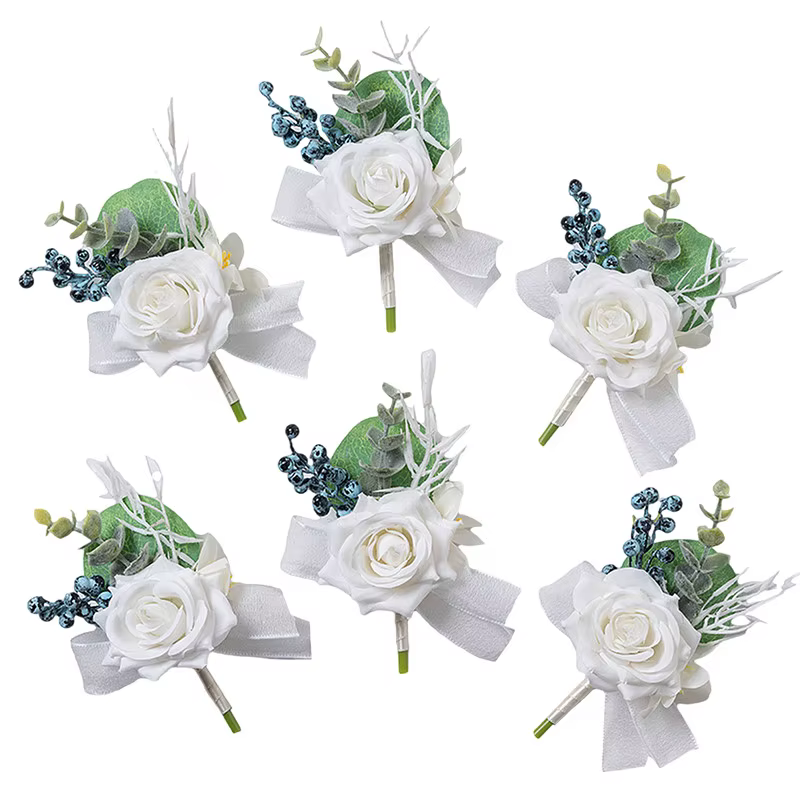 6PCS Men Buttonhole Boutonniere Prom Wedding Accessories Wrist Corsage Artificial Flowers Party Graduation Ceremony Decoration