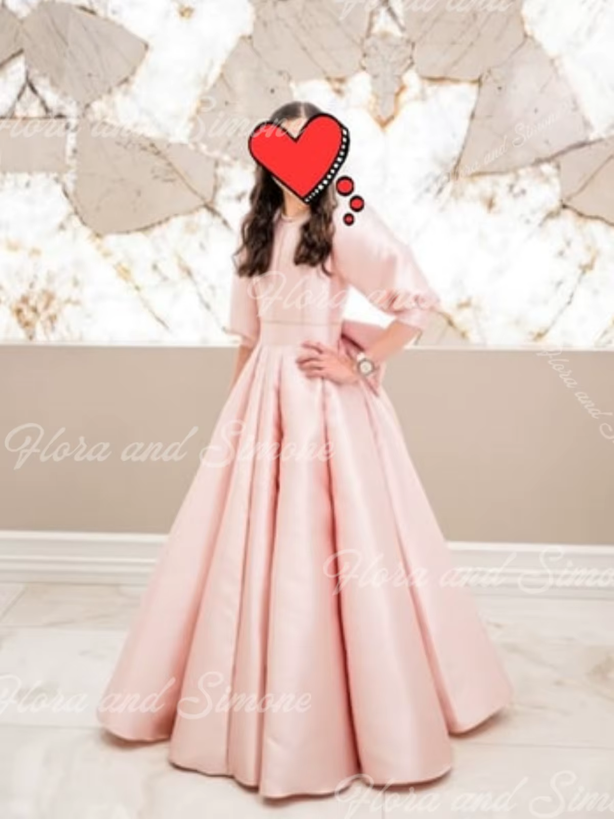 Elegant Pink Satin High Neck Long Puffy Sleeves Flower Girl Dress for Children's Sacrament Birthday Bridesmaid Dress Customize
