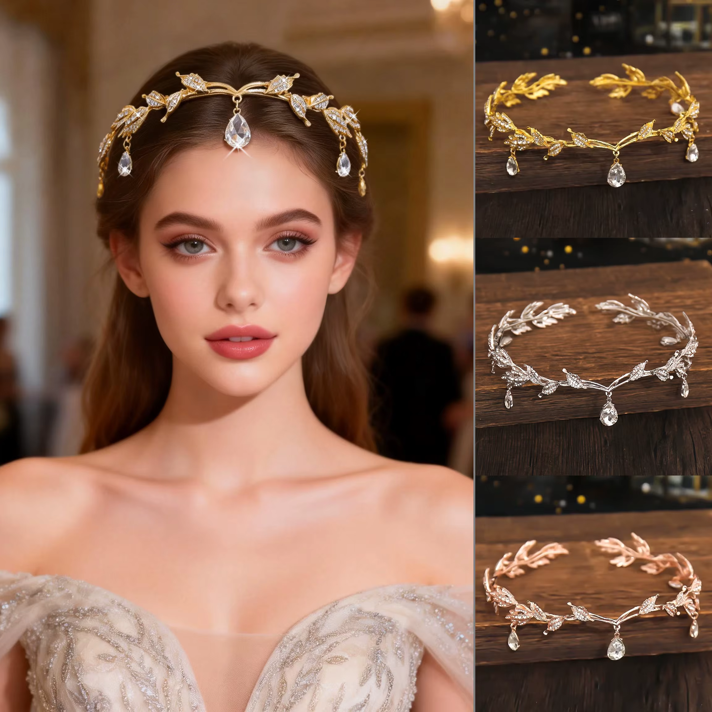 Vintage Bronze Emerald Green Fairy Crown Tiaras Crystal Leaves Elf Tiara Bandana Hair Accessories for Women Costume Hair Jewelry