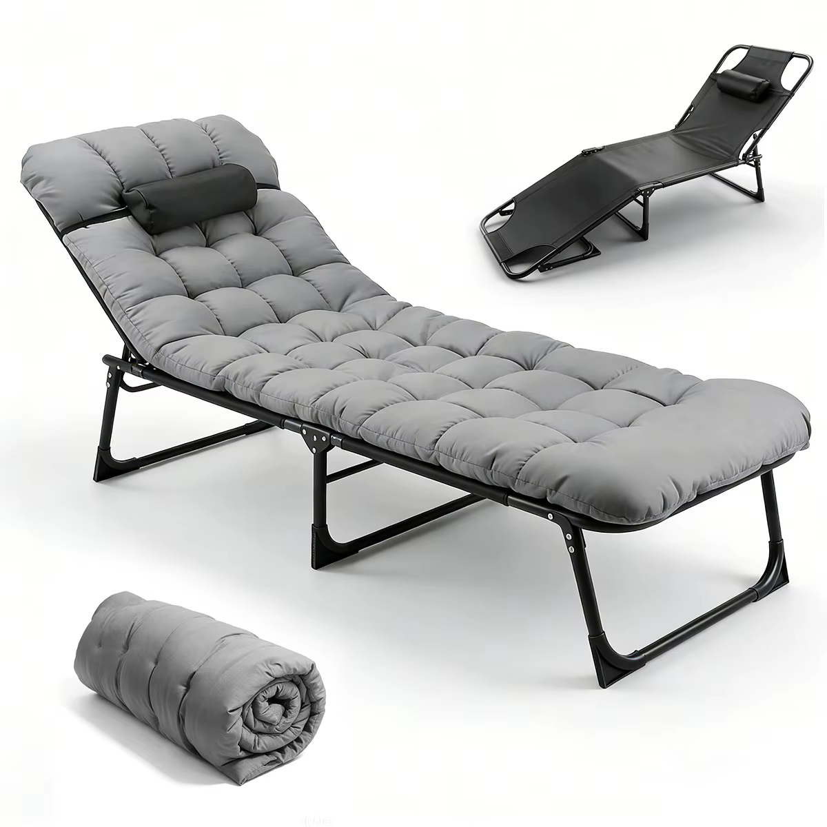 56cm Adjustable Folding Camping Lounge Chair with Removable Soft Cushion, 3 Position Reclining Portable Beach Tanning Chair, Heavy Duty 330 LBS Fold Up Outdoor Chaise Lounge for Pool Patio Office Napping Indoor & Backyard