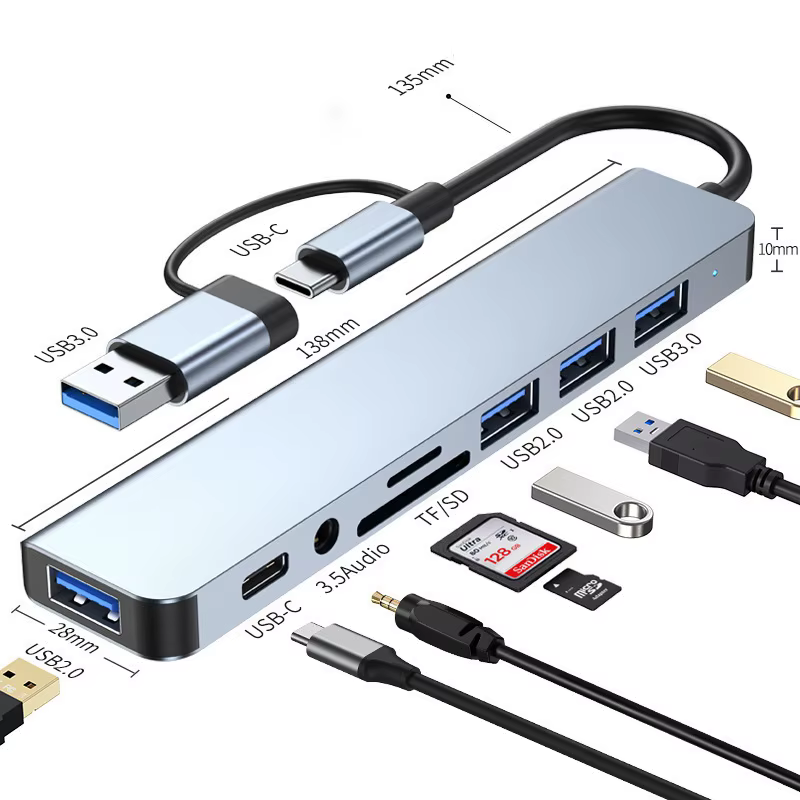 8 in 2 USB +Type C HUB Docking Station with 3.5mm Audio Jack Adapter for Micro SD Card Reader Laptop Tablet Phone Disk Converter