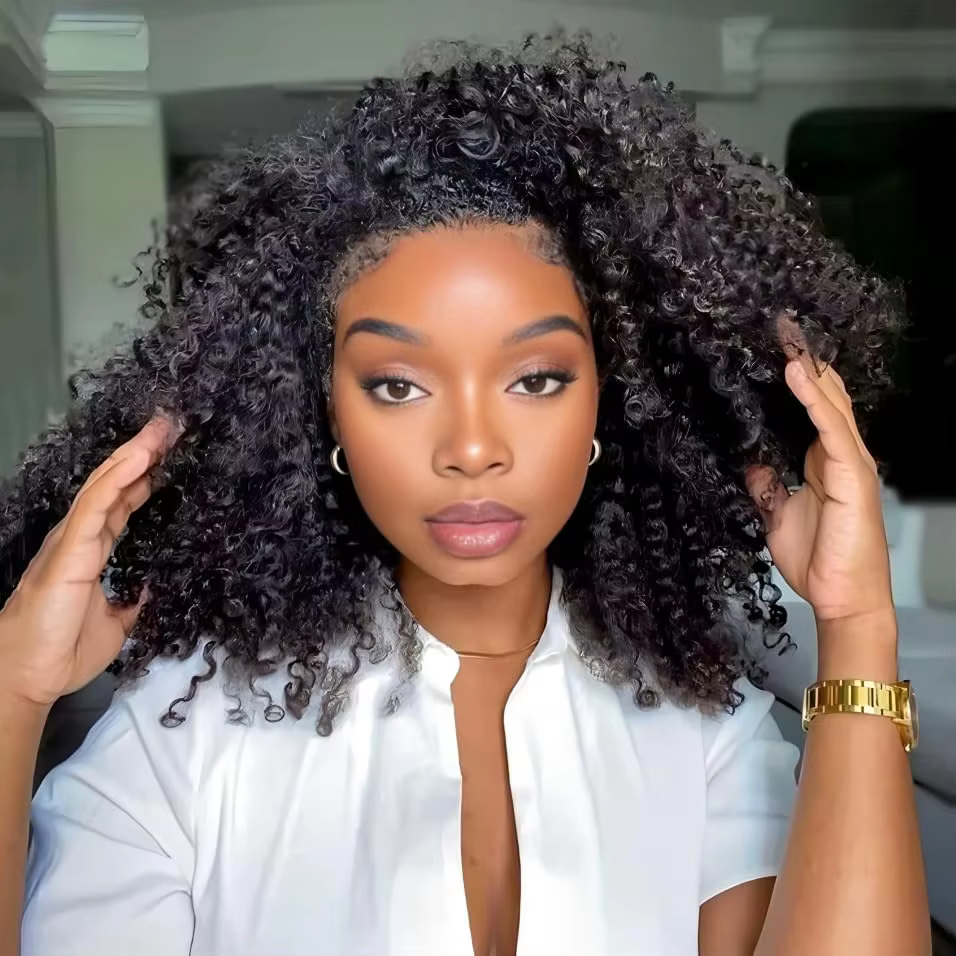 Glueless Half Wigs Human Hair Kinky Curly Headband Wig Upgrade 3 IN 1 No Lace Wig With Drawstring Seamless Clip Ins Flip Over
