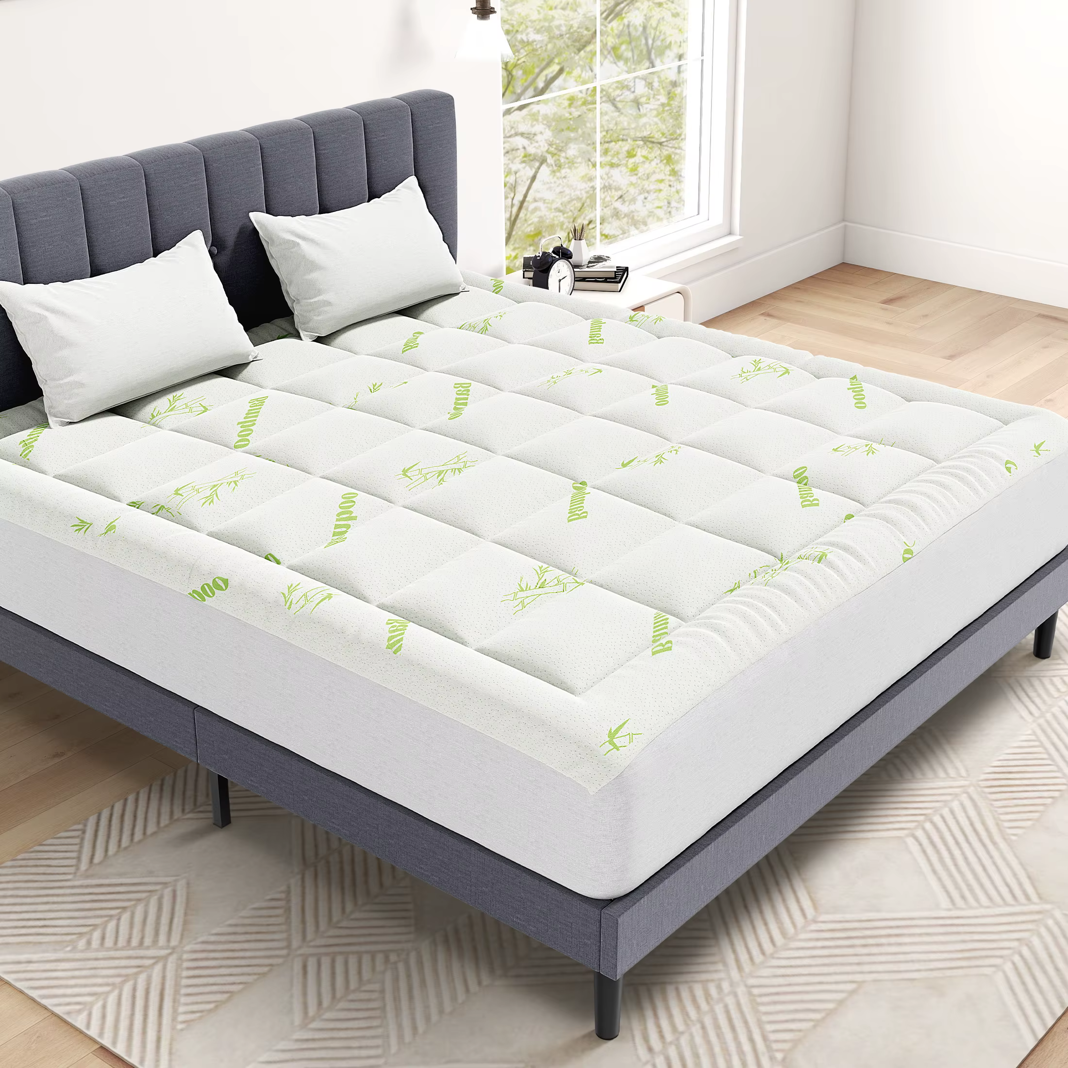 MCQ 400g Bamboo Viscose Derived Soft Mattress Topper with Stretchable Pockets Breathable Cooling Topper for Back Pain Relief
