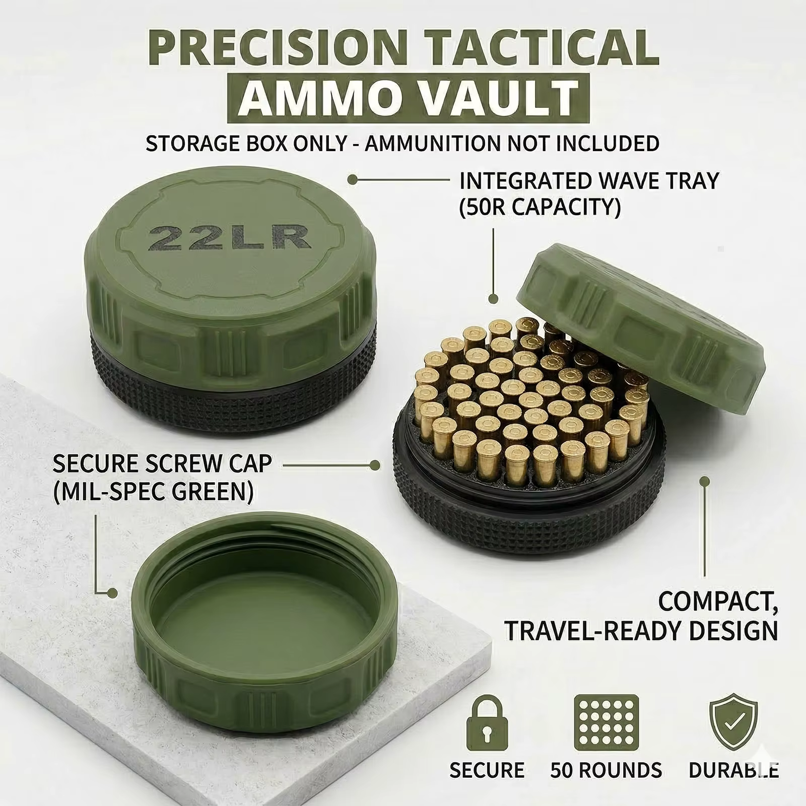 Mini .22LR Ammunition Storage Box Pocket Size Fits 50 Rounds Secure Screw Lid Durable Case For Small Caliber Rounds