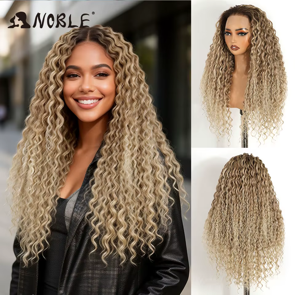 Noble Synthetic Lace Front Wig 26 Inch13x6 Curly Wig Ombre Platinum Blonde Wigs For Women Two locks Wear and Go Glueless Wigs