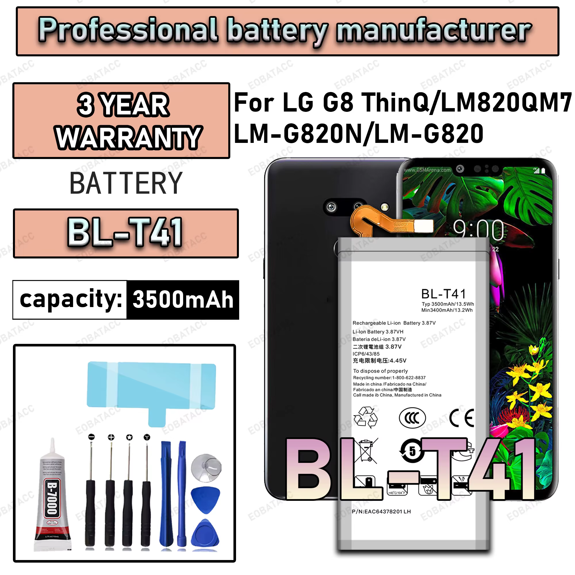 100% New Zero Cycle BL-T41 Battery For LG G8 ThinQ/LM820QM7/LM-G820N/LM-G820 Replacement Bateria +Free Tools