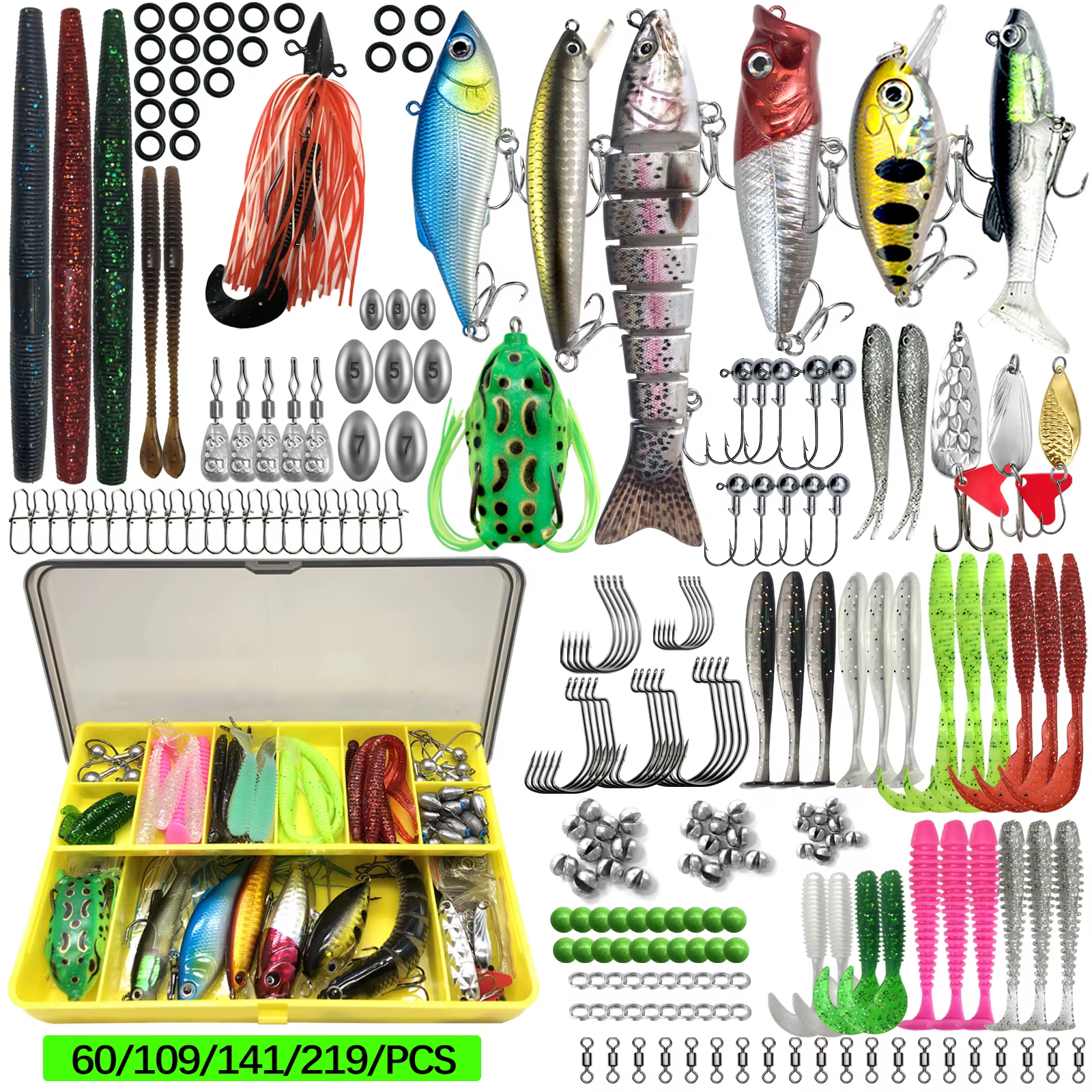 Fishing Lures Kit 60/109/141/219pcs Bait Set With Soft Lure Metal Spoons Hard Minnow Crankbait And Accessories With Tackle Box