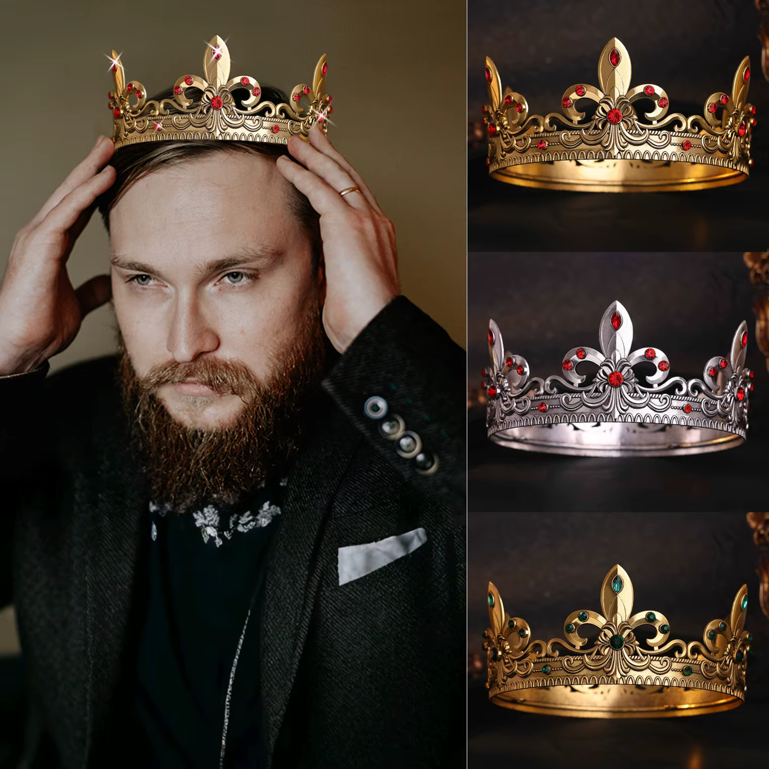 Gold/Silver King Crown for Men Prince Tiara Royal Medieval Headband Costume Accessory for Cosplay Birthday Prom Halloween