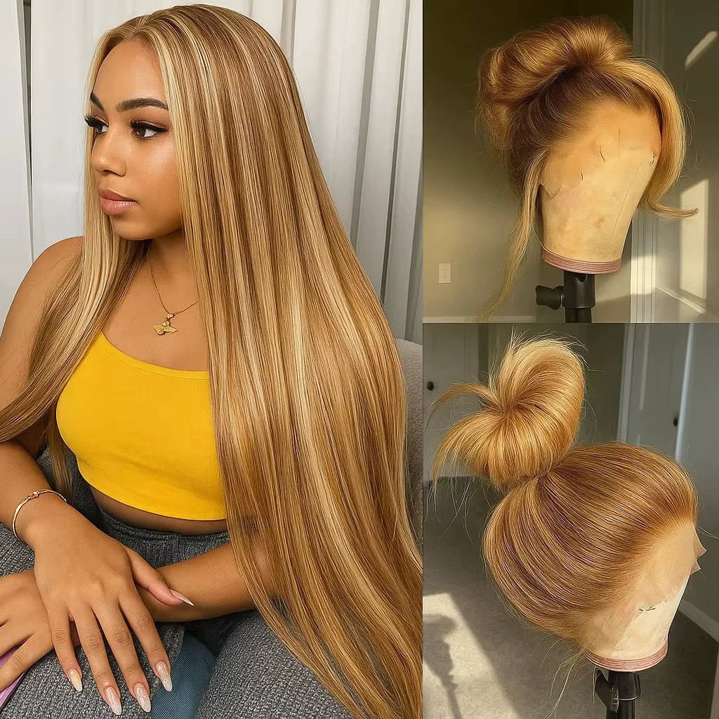 P4/27 Highlight Bone Straight 13x4 HD Lace Frontal Wigs Human Hair Brazilian Ombre Honey Blonde Colored Human Hair Wig For Women Ombre Lace Front Wig Human Hair Pre Plucked with Baby Hair