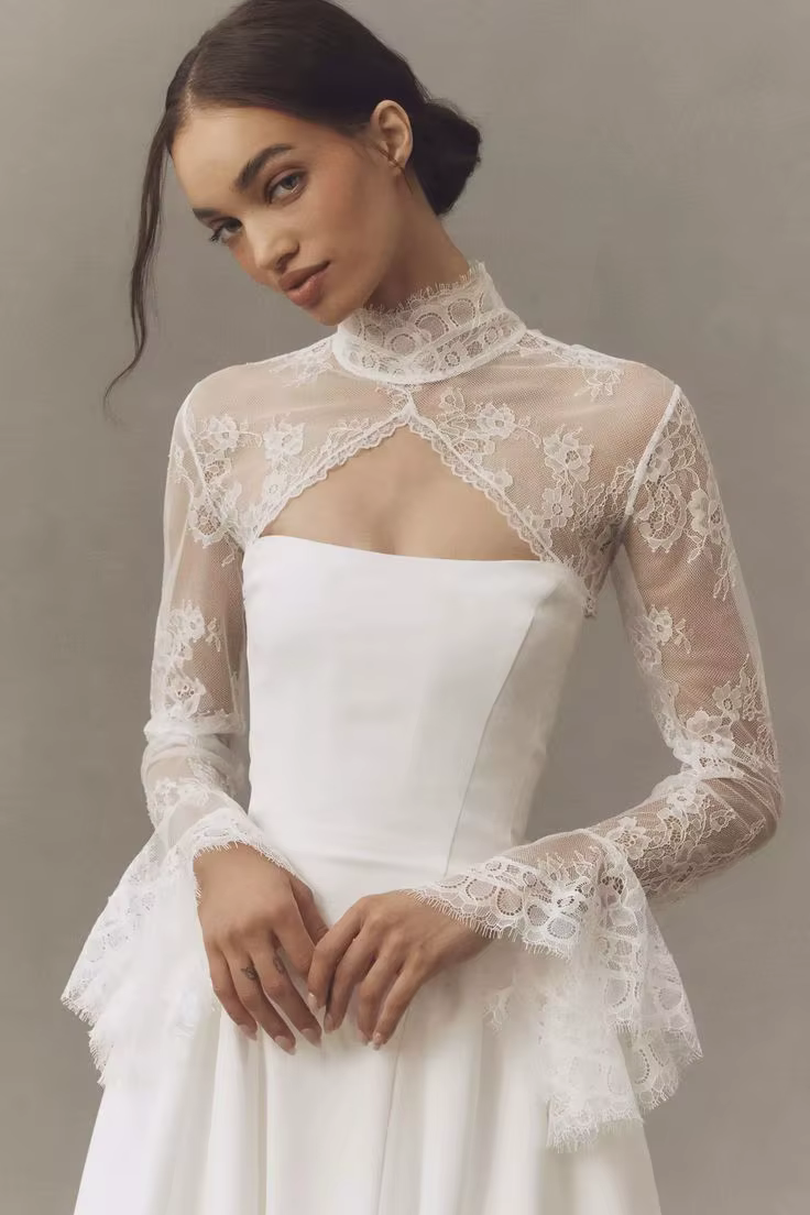 Trumpet Lace Wedding Capes High Neck Bride Jacket Keyhole Back with Buttons Illusion Bridal Boleros Formal Party Shrug