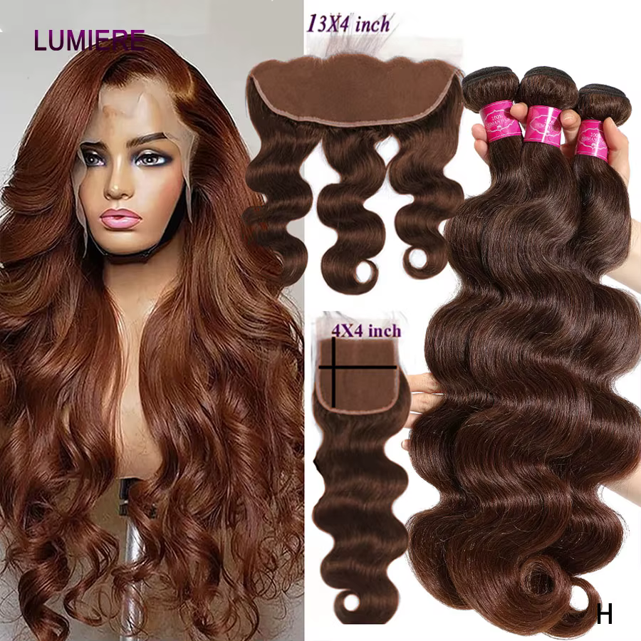 Chocolate Brown Body Wave Human Hair Bundles With 13x4 Frontal HD Raw Indian Hair 4x4 Lace Closure And Bundle Deal Human Hair Extensions Highlight Ombre Honey Brown Colored Human Hair Bundles With 13x4 Frontal Raw Human Hair Lace Closure And Bundle Deal